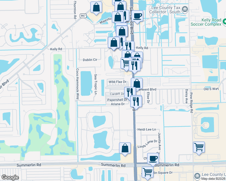 map of restaurants, bars, coffee shops, grocery stores, and more near 11691 Fox Sparrow Drive in Fort Myers