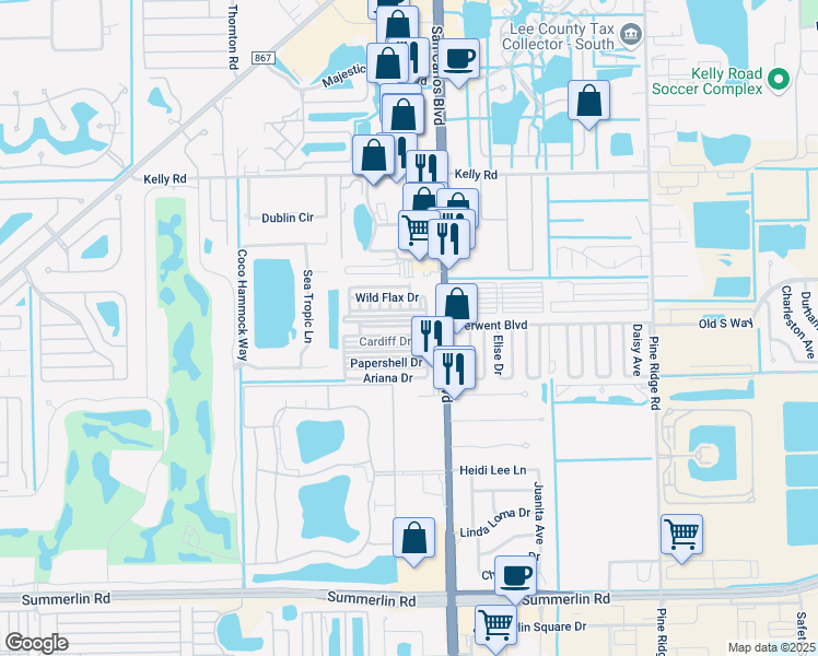 map of restaurants, bars, coffee shops, grocery stores, and more near 11551 Fox Sparrow Drive in Fort Myers