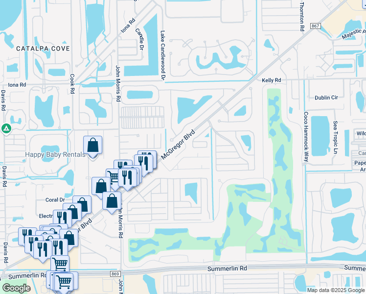 map of restaurants, bars, coffee shops, grocery stores, and more near 16421 McGregor Boulevard in Fort Myers