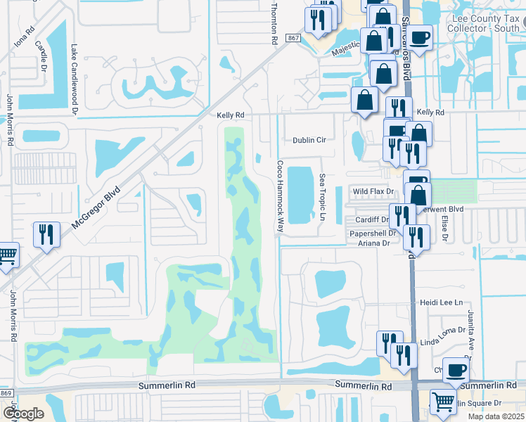 map of restaurants, bars, coffee shops, grocery stores, and more near 16260 Kelly Cove Drive in Fort Myers
