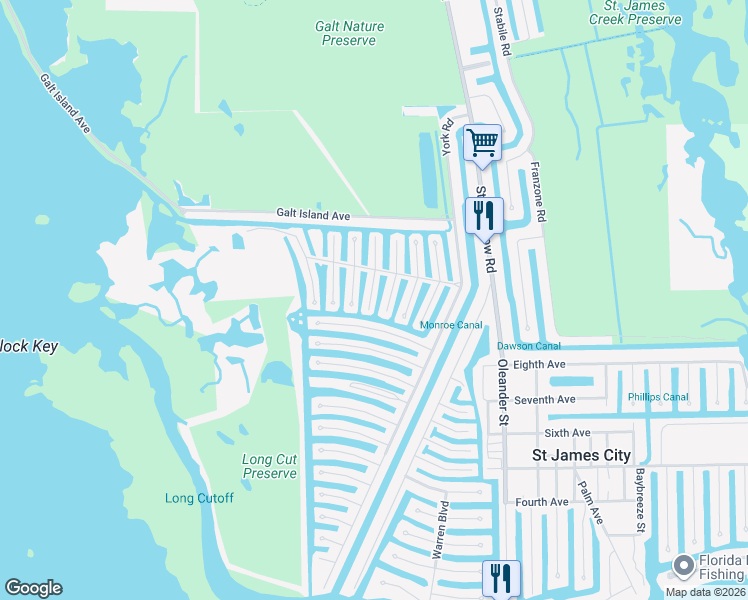 map of restaurants, bars, coffee shops, grocery stores, and more near 2997 Harpoon Lane in Saint James City