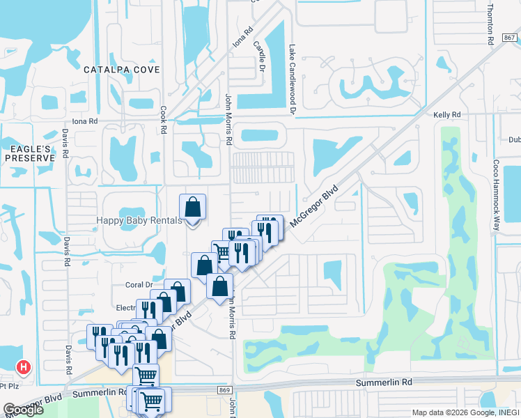 map of restaurants, bars, coffee shops, grocery stores, and more near 7 Birch Boulevard in Fort Myers
