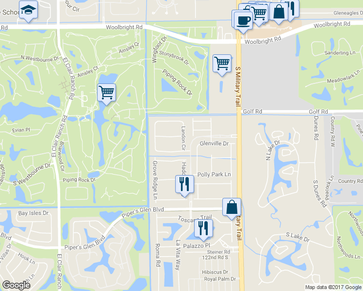 map of restaurants, bars, coffee shops, grocery stores, and more near 5247 Landon Circle in Boynton Beach
