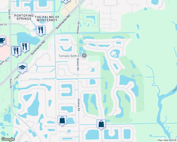 map of restaurants, bars, coffee shops, grocery stores, and more near 8566 South Lake Circle in Fort Myers
