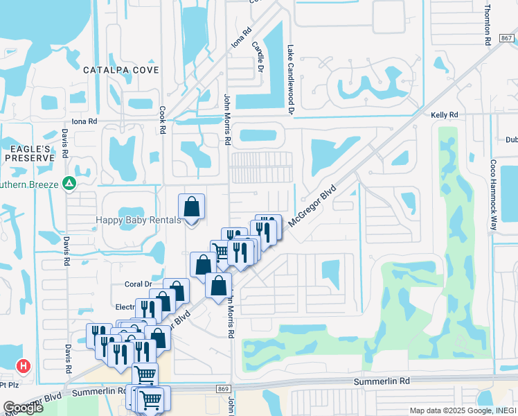 map of restaurants, bars, coffee shops, grocery stores, and more near 7 Birch Boulevard in Fort Myers