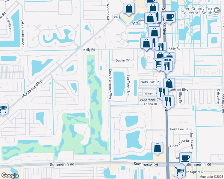 map of restaurants, bars, coffee shops, grocery stores, and more near 16285 Coco Hammock Way in Fort Myers