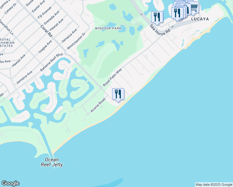 map of restaurants, bars, coffee shops, grocery stores, and more near Sea Fan Lane in Freeport