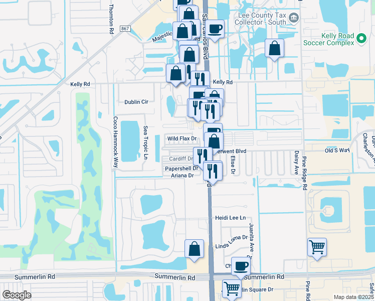 map of restaurants, bars, coffee shops, grocery stores, and more near 11551 Fox Sparrow Drive in Fort Myers
