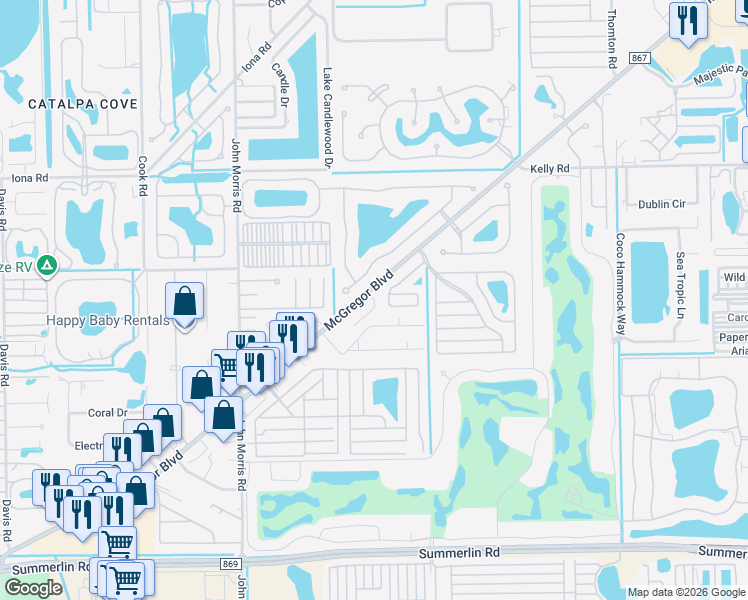 map of restaurants, bars, coffee shops, grocery stores, and more near 12600 Watercress Lane in Fort Myers