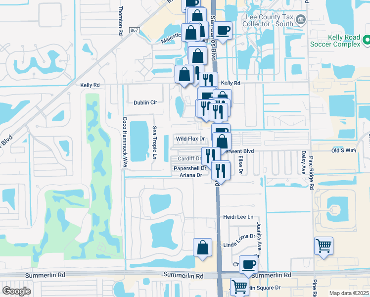 map of restaurants, bars, coffee shops, grocery stores, and more near 11691 Fox Sparrow Drive in Fort Myers