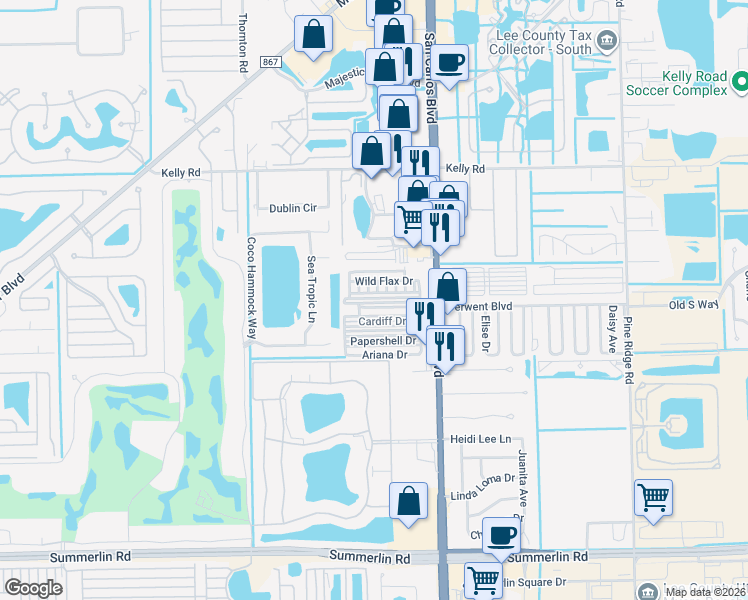 map of restaurants, bars, coffee shops, grocery stores, and more near 11691 Fox Sparrow Drive in Fort Myers