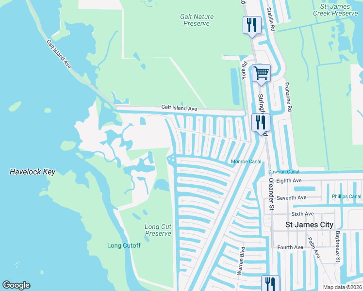 map of restaurants, bars, coffee shops, grocery stores, and more near 2970 Sloop Lane in Saint James City