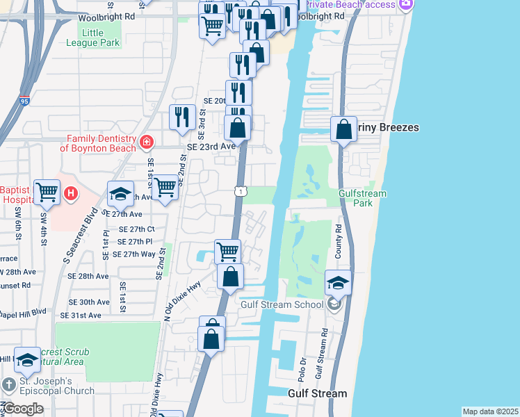 map of restaurants, bars, coffee shops, grocery stores, and more near 15 Colonial Club Drive in Boynton Beach
