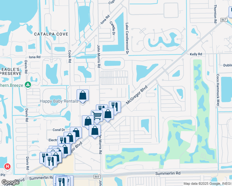 map of restaurants, bars, coffee shops, grocery stores, and more near 7 Birch Boulevard in Fort Myers