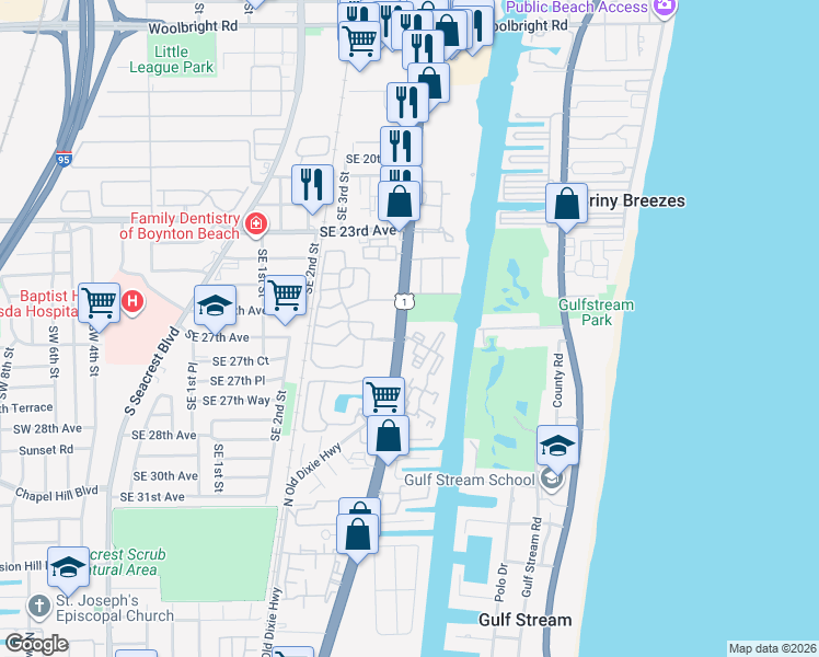 map of restaurants, bars, coffee shops, grocery stores, and more near 24 Colonial Club Drive in Boynton Beach