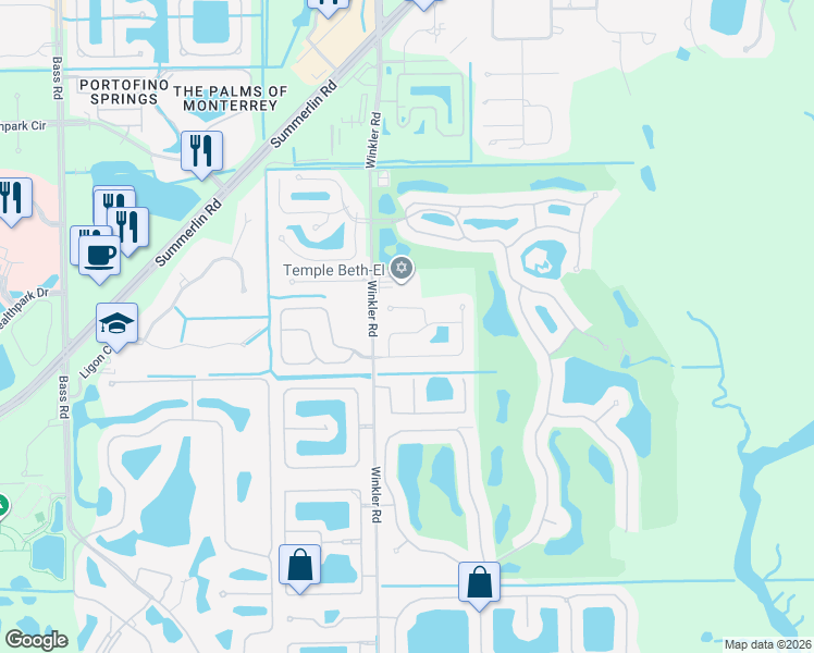 map of restaurants, bars, coffee shops, grocery stores, and more near 8566 South Lake Circle in Fort Myers