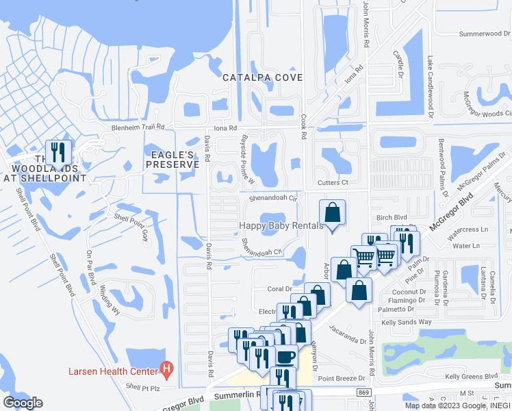 map of restaurants, bars, coffee shops, grocery stores, and more near 16241 Shenandoah Circle in Fort Myers