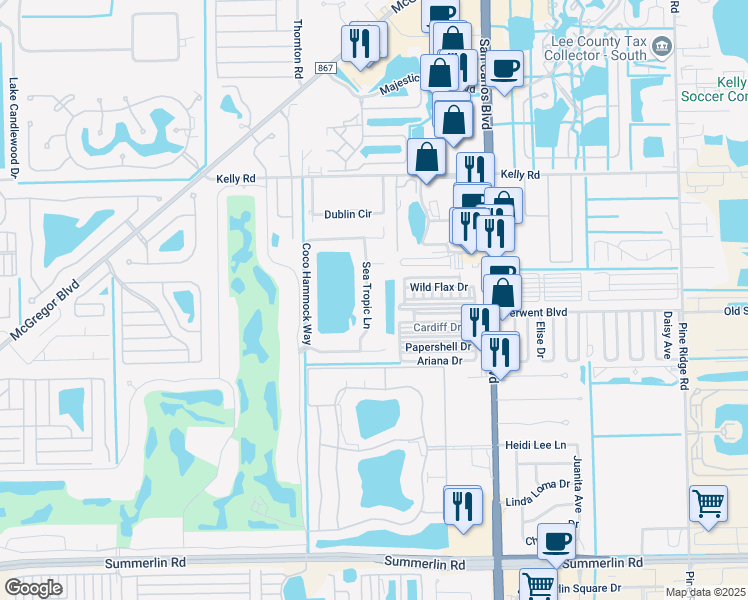 map of restaurants, bars, coffee shops, grocery stores, and more near 11098 Sea Tropic Lane in Fort Myers