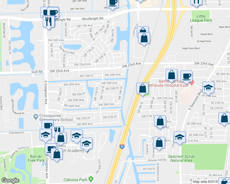 map of restaurants, bars, coffee shops, grocery stores, and more near 1027 Southwest 25th Way in Boynton Beach