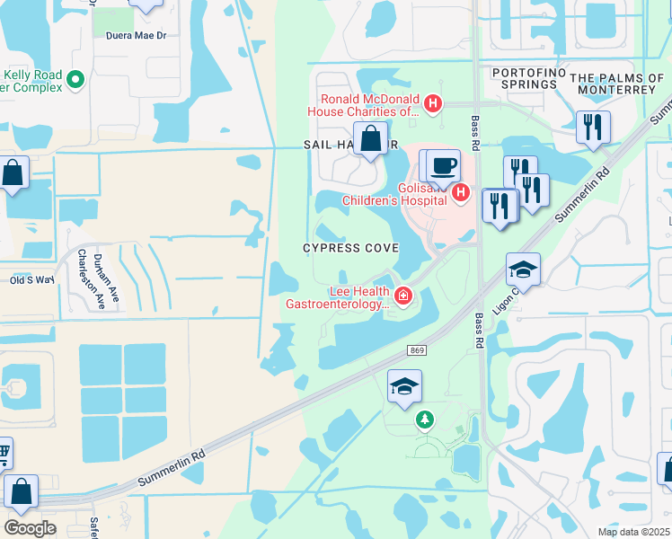 map of restaurants, bars, coffee shops, grocery stores, and more near 10600 Cypress Cove Drive in Fort Myers