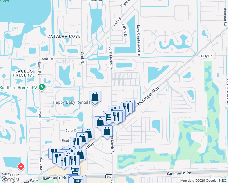 map of restaurants, bars, coffee shops, grocery stores, and more near 89 Sycamore Lane in Fort Myers