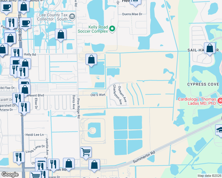 map of restaurants, bars, coffee shops, grocery stores, and more near 16199 Charleston Avenue in Fort Myers
