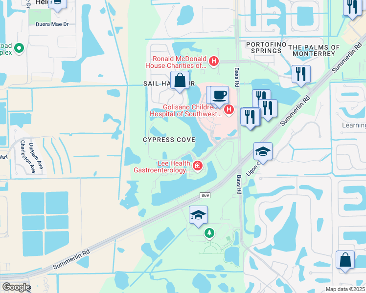map of restaurants, bars, coffee shops, grocery stores, and more near 10100 Cypress Cove Drive in Fort Myers