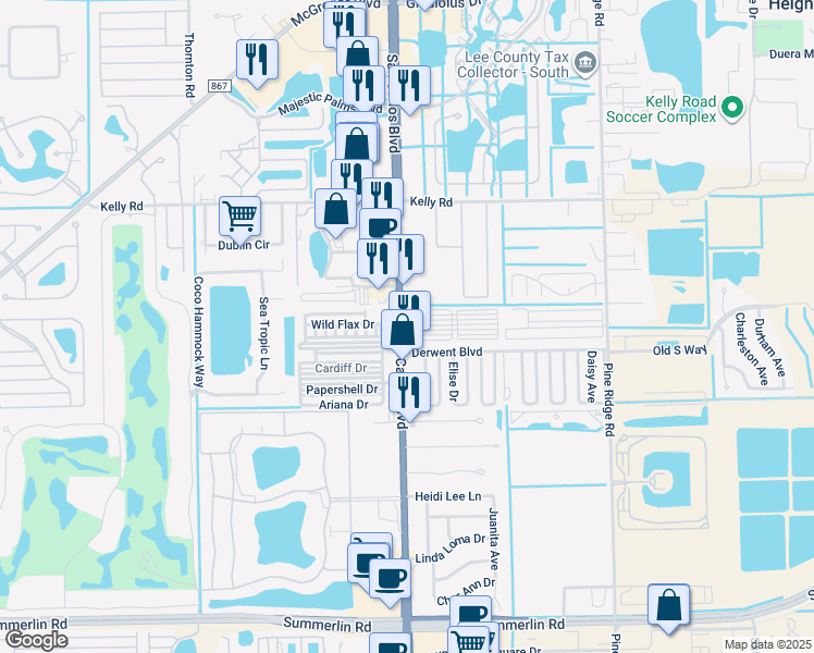 map of restaurants, bars, coffee shops, grocery stores, and more near 16251 San Carlos Boulevard in Fort Myers
