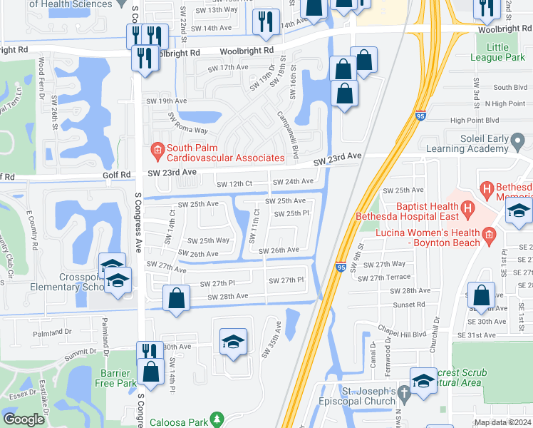 map of restaurants, bars, coffee shops, grocery stores, and more near 2521 Southwest 11th Street in Boynton Beach