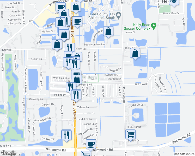 map of restaurants, bars, coffee shops, grocery stores, and more near R in Fort Myers
