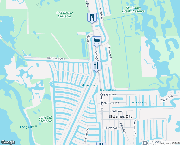 map of restaurants, bars, coffee shops, grocery stores, and more near 3082 Binnacle Lane in Saint James City