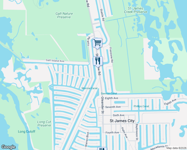 map of restaurants, bars, coffee shops, grocery stores, and more near 3086 York Road in Saint James City