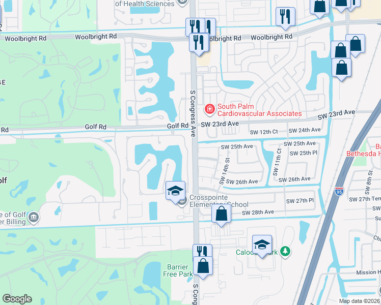 map of restaurants, bars, coffee shops, grocery stores, and more near 2412 Southwest 23rd Cranbrook Drive in Boynton Beach