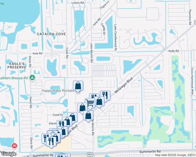 map of restaurants, bars, coffee shops, grocery stores, and more near 16175 John Morris Road in Fort Myers