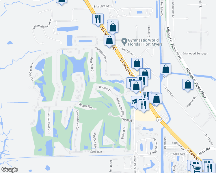 map of restaurants, bars, coffee shops, grocery stores, and more near 16652 Bobcat Court in Fort Myers