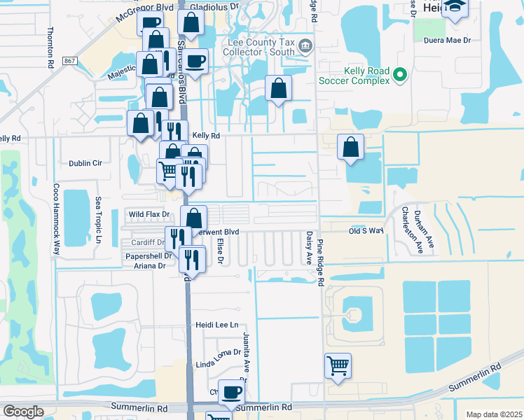 map of restaurants, bars, coffee shops, grocery stores, and more near 16300 Pine Ridge Road in Fort Myers