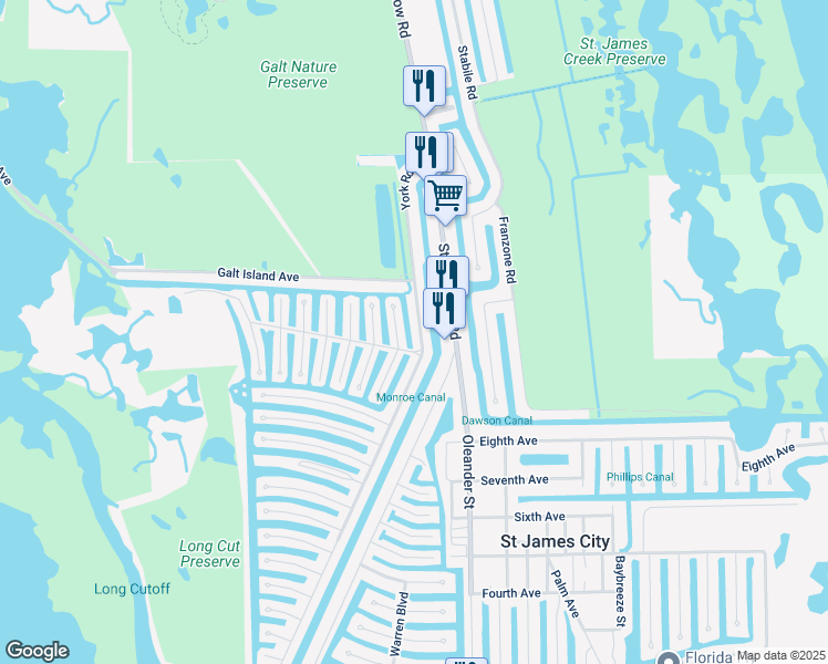 map of restaurants, bars, coffee shops, grocery stores, and more near 3085 York Road in Saint James City