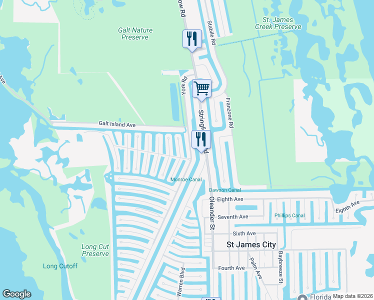 map of restaurants, bars, coffee shops, grocery stores, and more near 3082 Binnacle Lane in Saint James City
