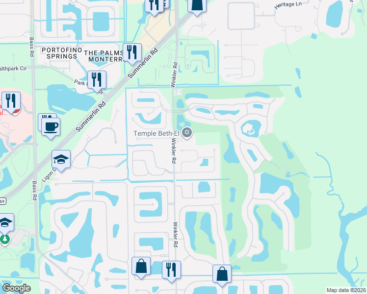 map of restaurants, bars, coffee shops, grocery stores, and more near 8738 Lakefront Court in Fort Myers