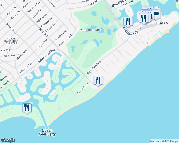 map of restaurants, bars, coffee shops, grocery stores, and more near Royal Palm Way in Freeport