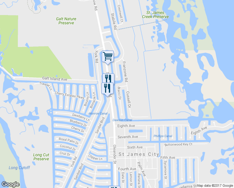 map of restaurants, bars, coffee shops, grocery stores, and more near 3075 Bracci Drive in Saint James City
