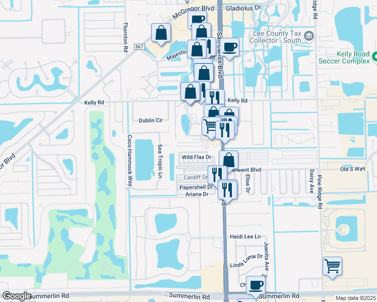 map of restaurants, bars, coffee shops, grocery stores, and more near 11700 Oakdale Dr in Fort Myers