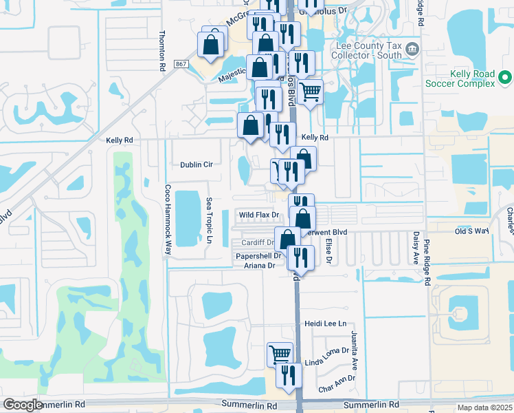 map of restaurants, bars, coffee shops, grocery stores, and more near 11700 Oakdale Drive in Fort Myers