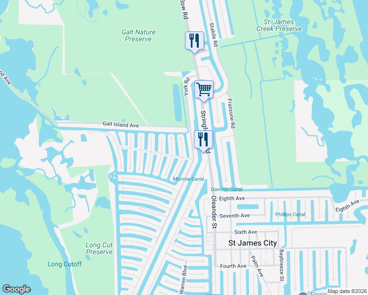map of restaurants, bars, coffee shops, grocery stores, and more near 3082 Binnacle Lane in St. James City