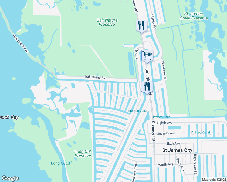 map of restaurants, bars, coffee shops, grocery stores, and more near 3063 Harpoon Lane in Saint James City