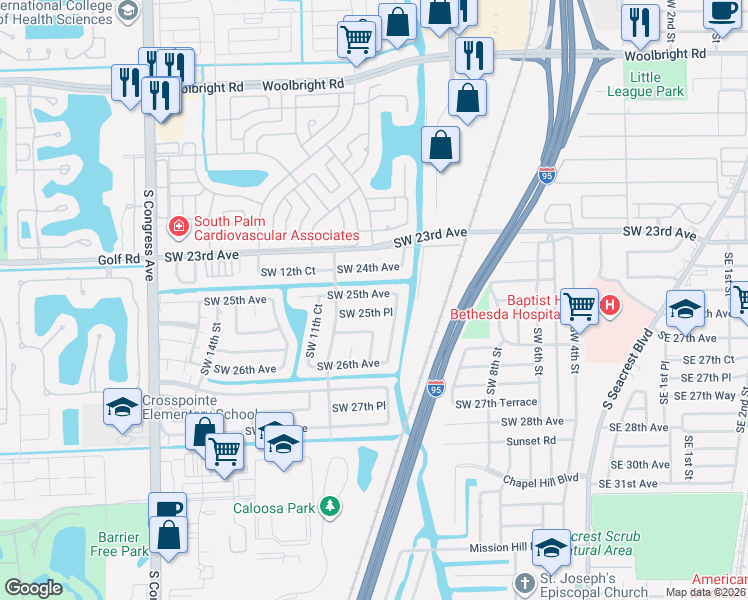 map of restaurants, bars, coffee shops, grocery stores, and more near 1032 SW 25th Ave in Boynton Beach