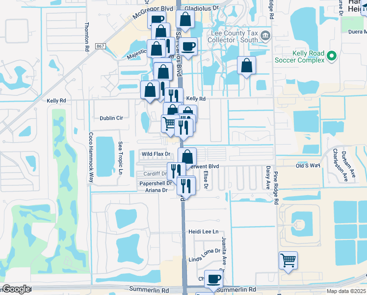 map of restaurants, bars, coffee shops, grocery stores, and more near 16251 San Carlos Boulevard in Fort Myers