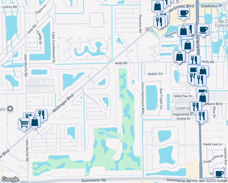 map of restaurants, bars, coffee shops, grocery stores, and more near 16244 Kelly Woods Drive in Fort Myers