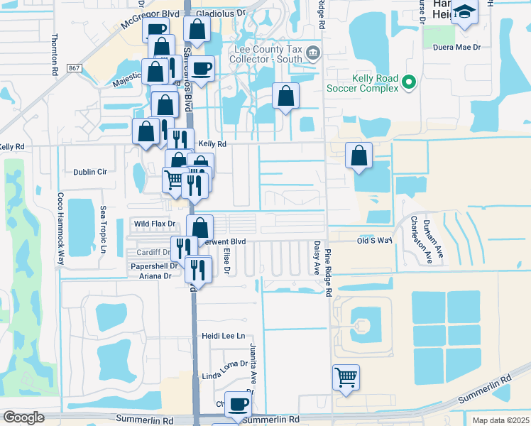 map of restaurants, bars, coffee shops, grocery stores, and more near 16300 Pine Ridge Road in Fort Myers