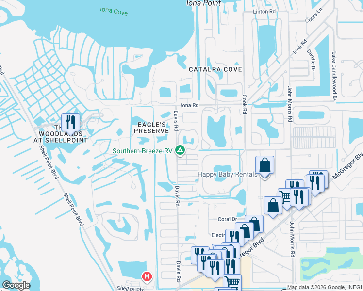 map of restaurants, bars, coffee shops, grocery stores, and more near 122 Iona Terrace in Fort Myers
